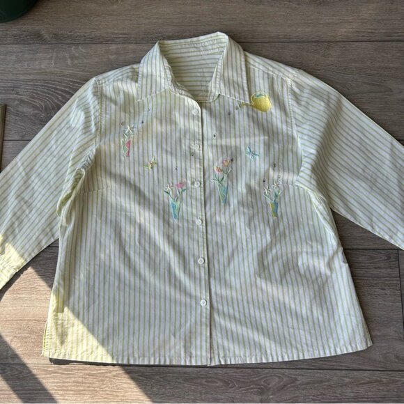 Vintage Tabi Pinstriped Cottagecore Floral Embroidered Sequins Button Down Shirt - Picture 4 of 13